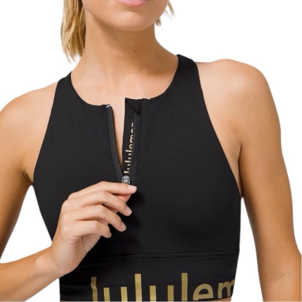 NWOT LULULEMON Energy High Neck Gold Logo Graphic Longline Zip Front Bra Size 4